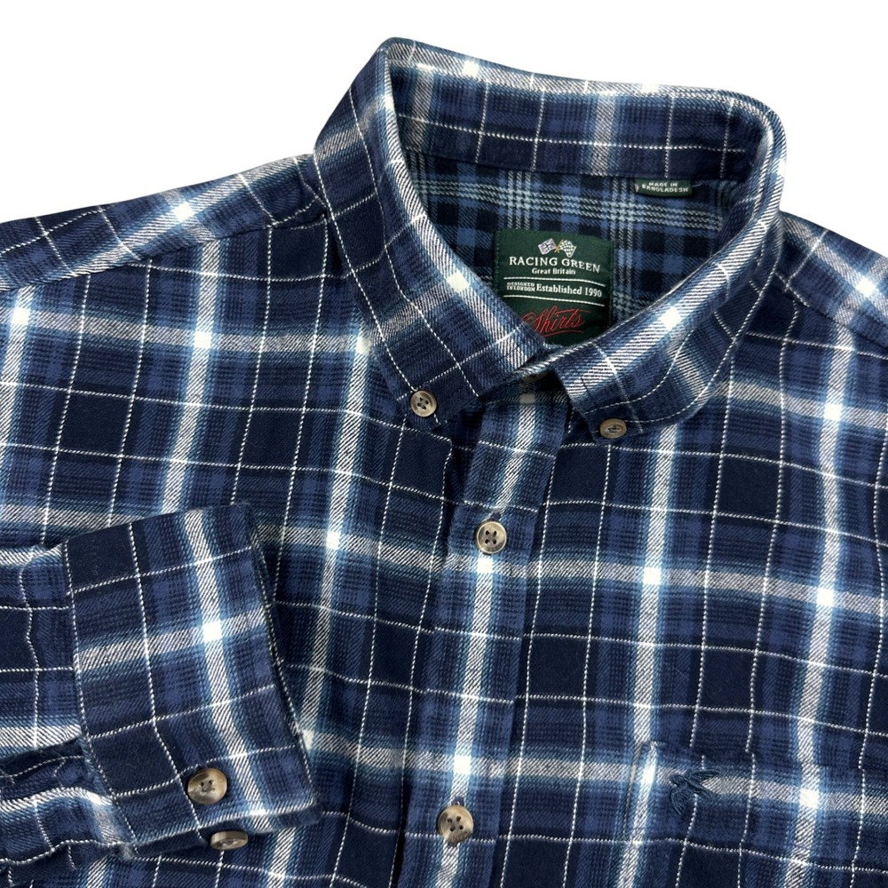 Racing Green Mens Blue White Plaid Flannel Button Down Shirt Long Sleeve Size M